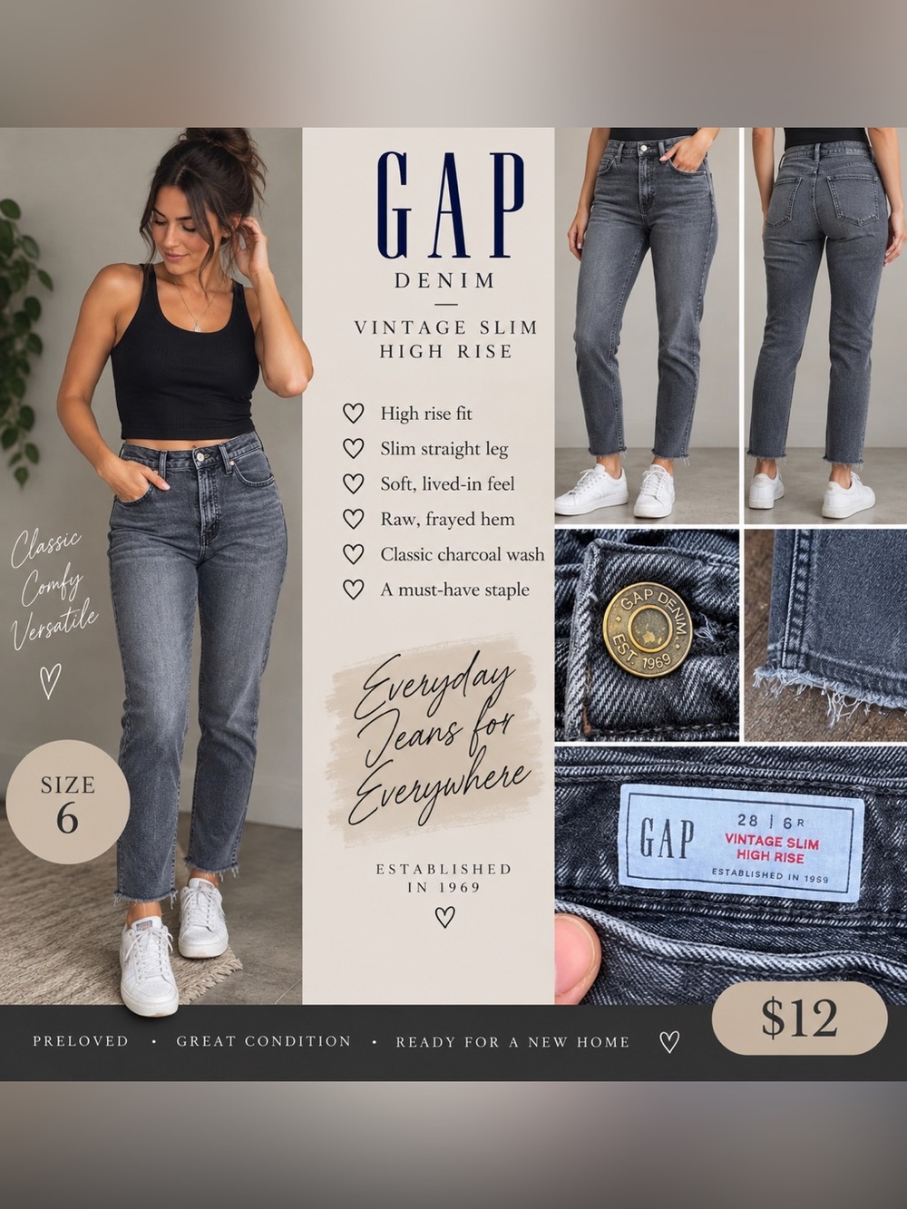 GAP Vintage Slim High Rise Jeans - Charcoal Gray